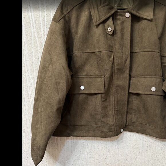 Brown Faux Leather Zip-Up Bomber Jacket with Pockets Size: M - Picture 4 of 13